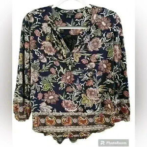 Lucky Brand Peasant Boho Floral Top Blouse V Neck Size Small Black Red